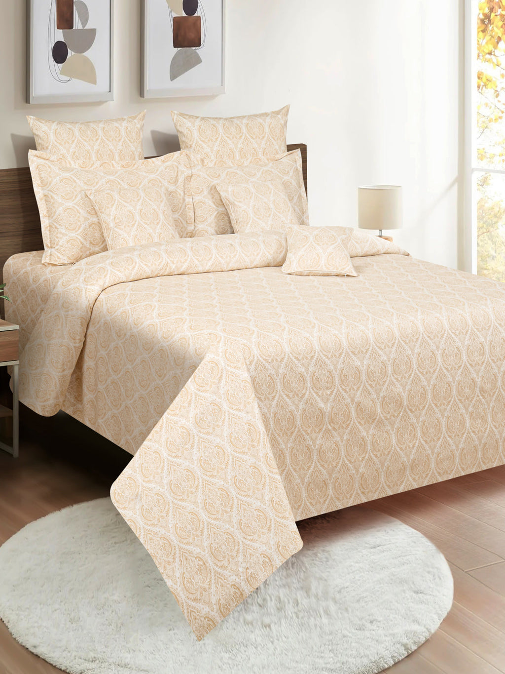 Elegant Beige Damask Pure Cotton 210 TC Super King Bedsheet with 2 Pillow Covers (108x108 Inches)