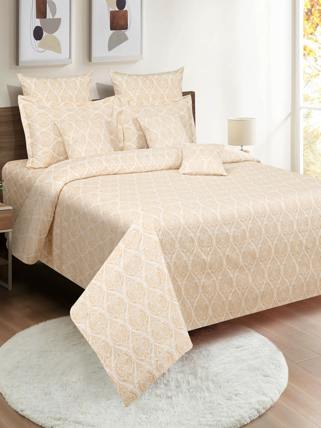 Elegant Beige Damask Pure Cotton 210 TC Super King Bedsheet with 2 Pillow Covers (108x108 Inches)