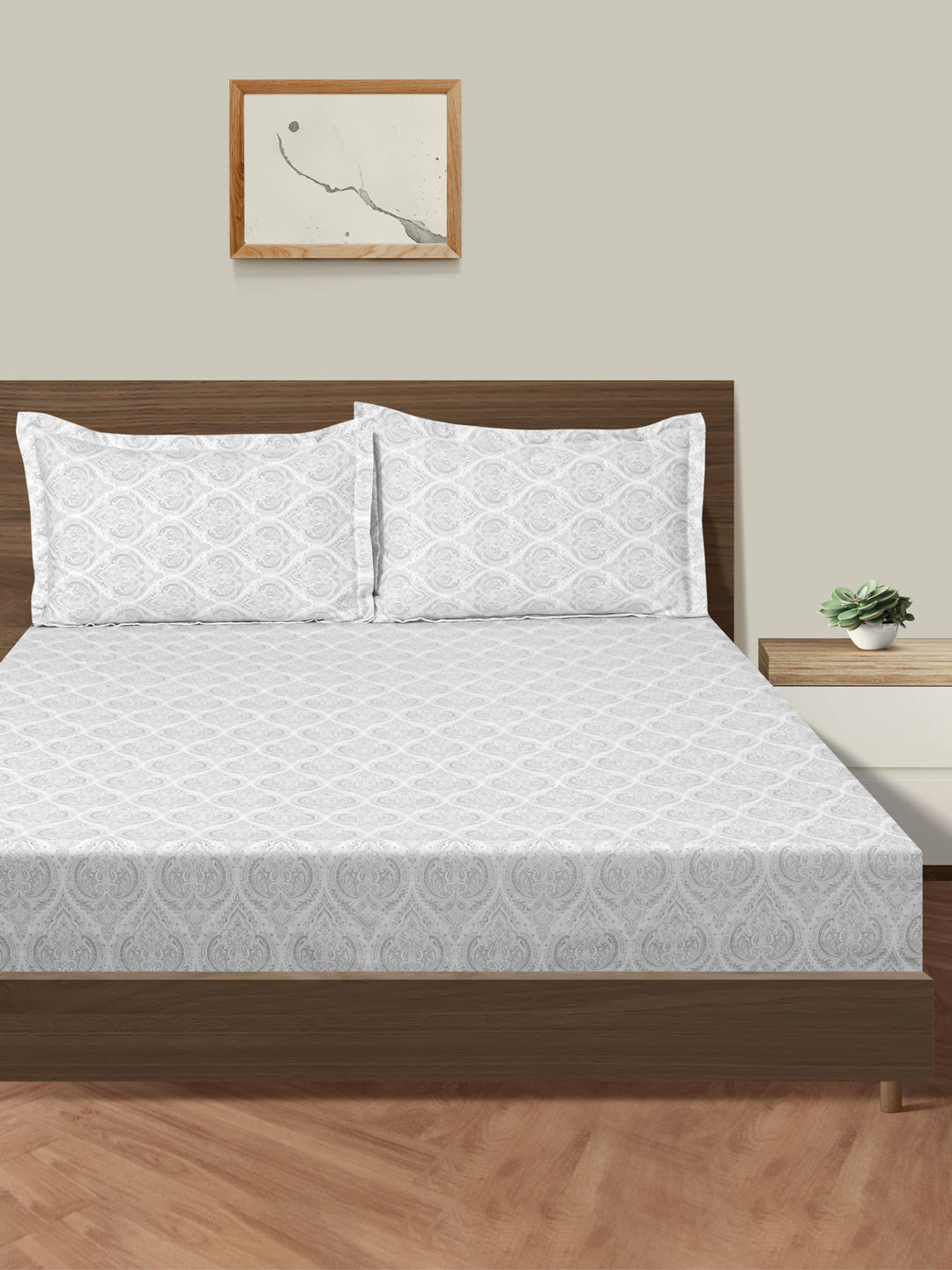 Classic White Damask Pure Cotton 210 TC Double King Bedsheet with 2 Pillow Covers (90x108 Inches)