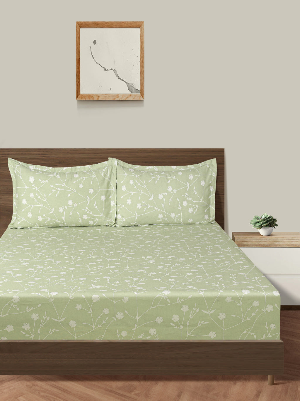 Floral Vine Sage Green 210 TC Pure Cotton Double Bedsheet with 2 Pillow Covers (90 x 108 Inches)