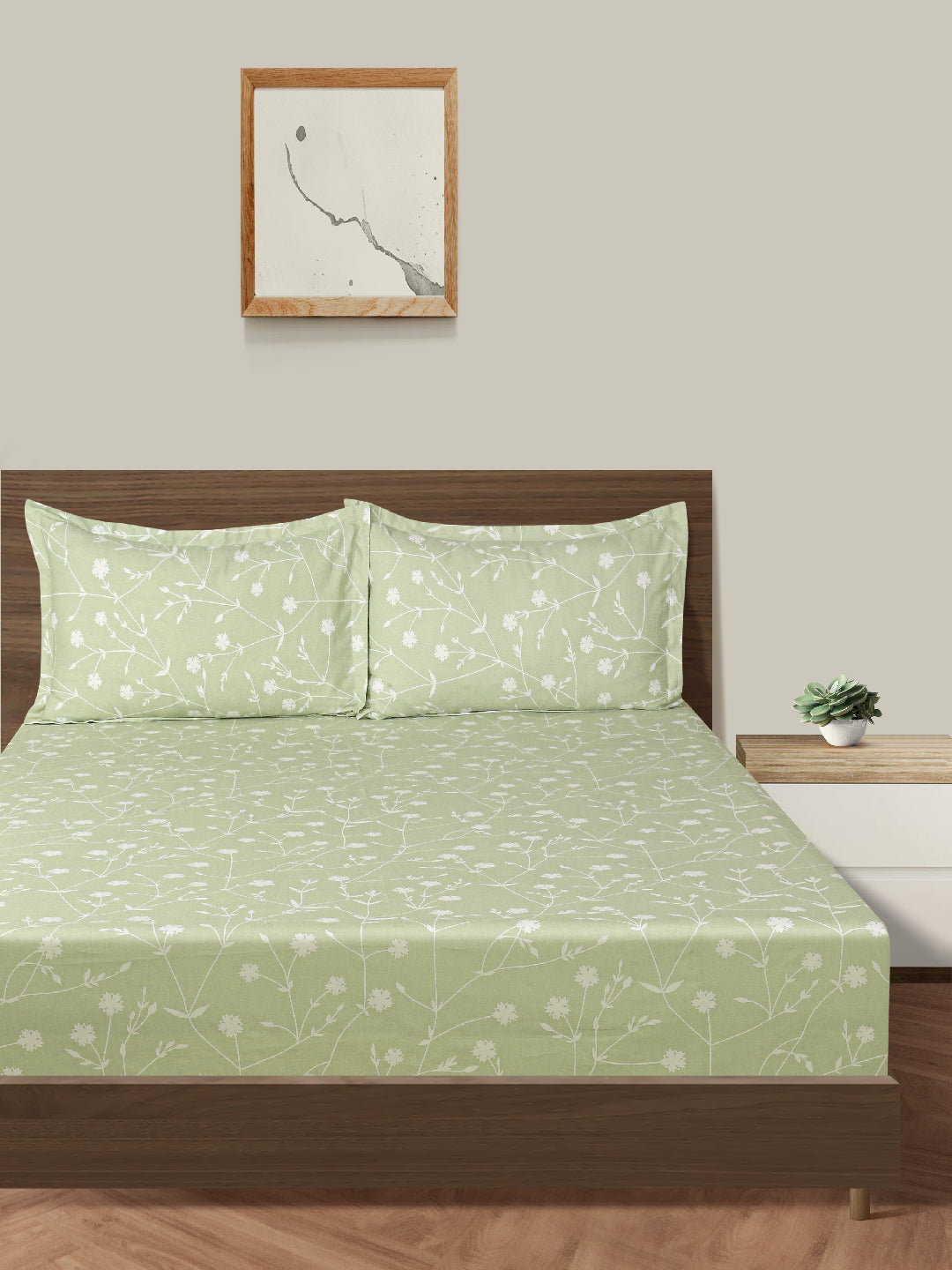 Floral Vine Sage Green 210 TC Pure Cotton Double Bedsheet with 2 Pillow Covers (90 x 108 Inches)