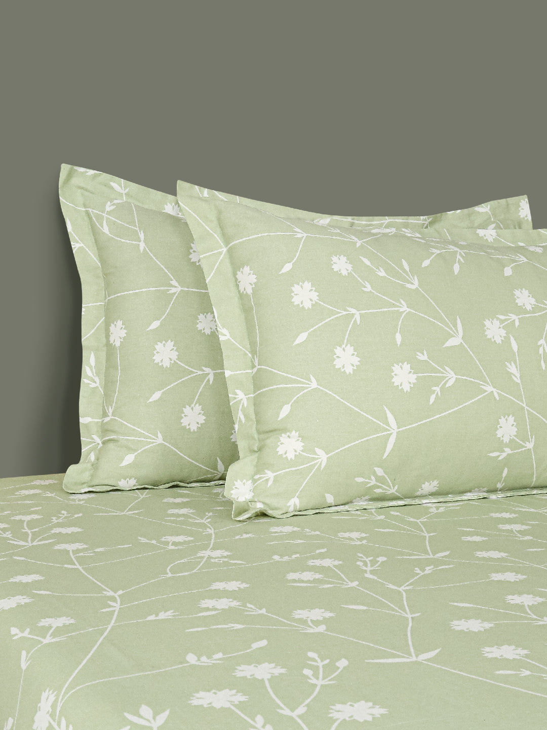 Floral Vine Sage Green 210 TC Pure Cotton Double Bedsheet with 2 Pillow Covers (90 x 108 Inches)