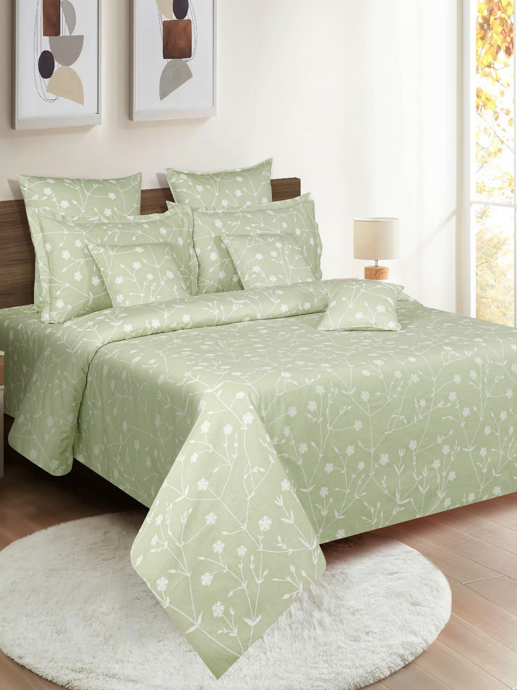 Floral Vine Sage Green 210 TC Pure Cotton Double Bedsheet with 2 Pillow Covers (90 x 108 Inches)