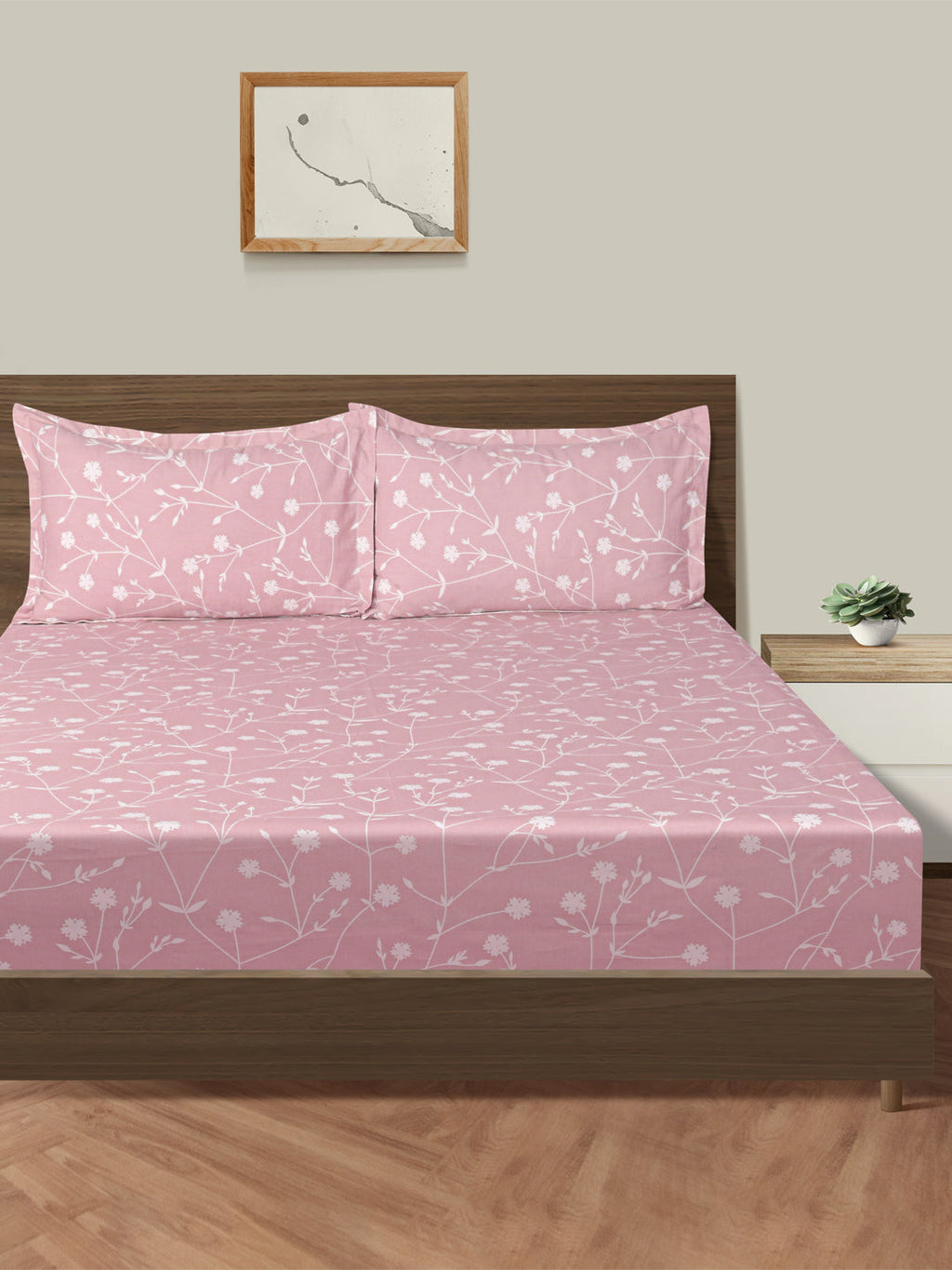 Elegant Blush Pink Floral Pure Cotton 210 TC King Fitted Bedsheet with 2 Pillow Covers (72x78x10 Inches)