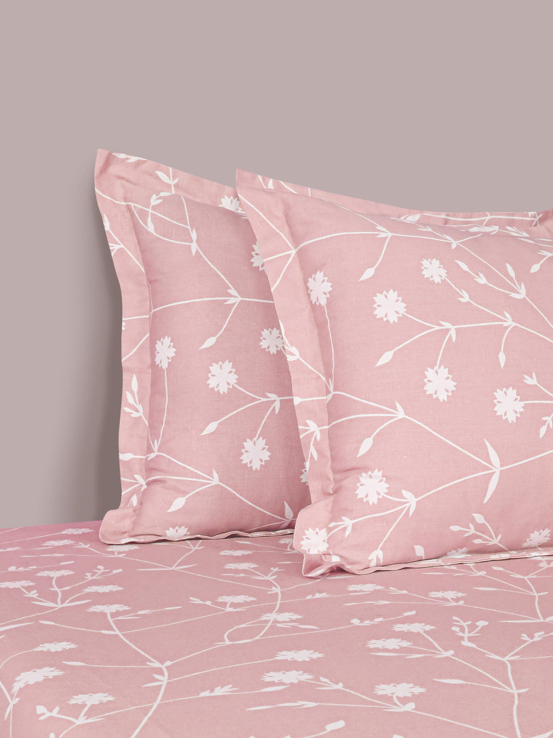 Elegant Blush Pink Floral Pure Cotton 210 TC Super King Bedsheet with 2 Pillow Covers (108x108 Inches)