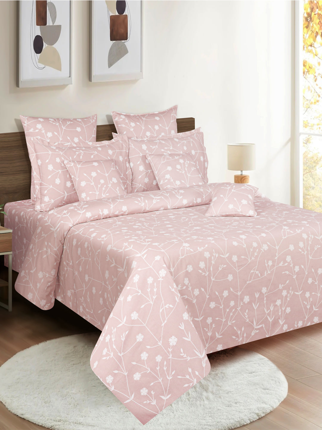 Elegant Blush Pink Floral Pure Cotton 210 TC Super King Bedsheet with 2 Pillow Covers (108x108 Inches)