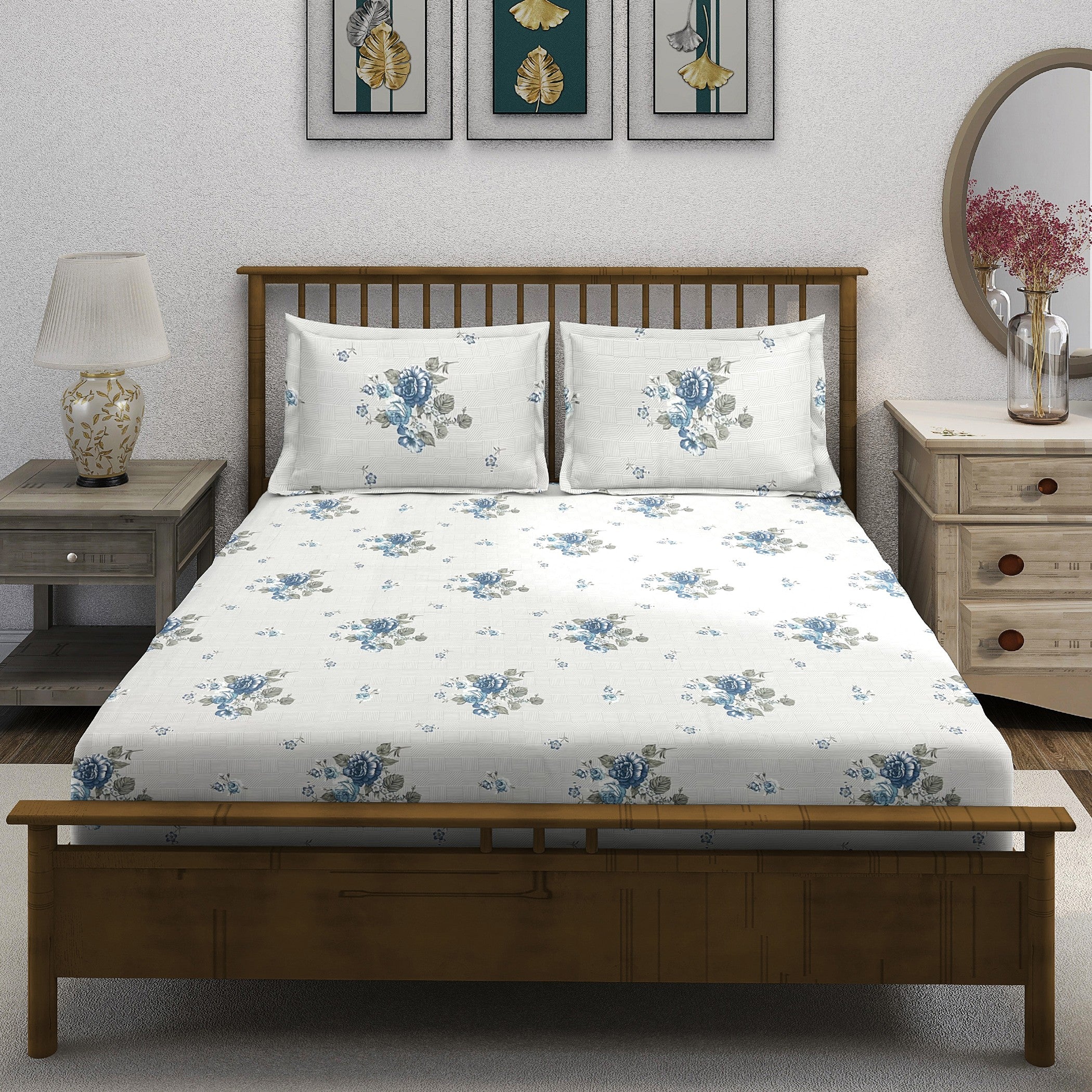 Blue Flora - 210TC Pure Cotton Double King (90x108 Inches)