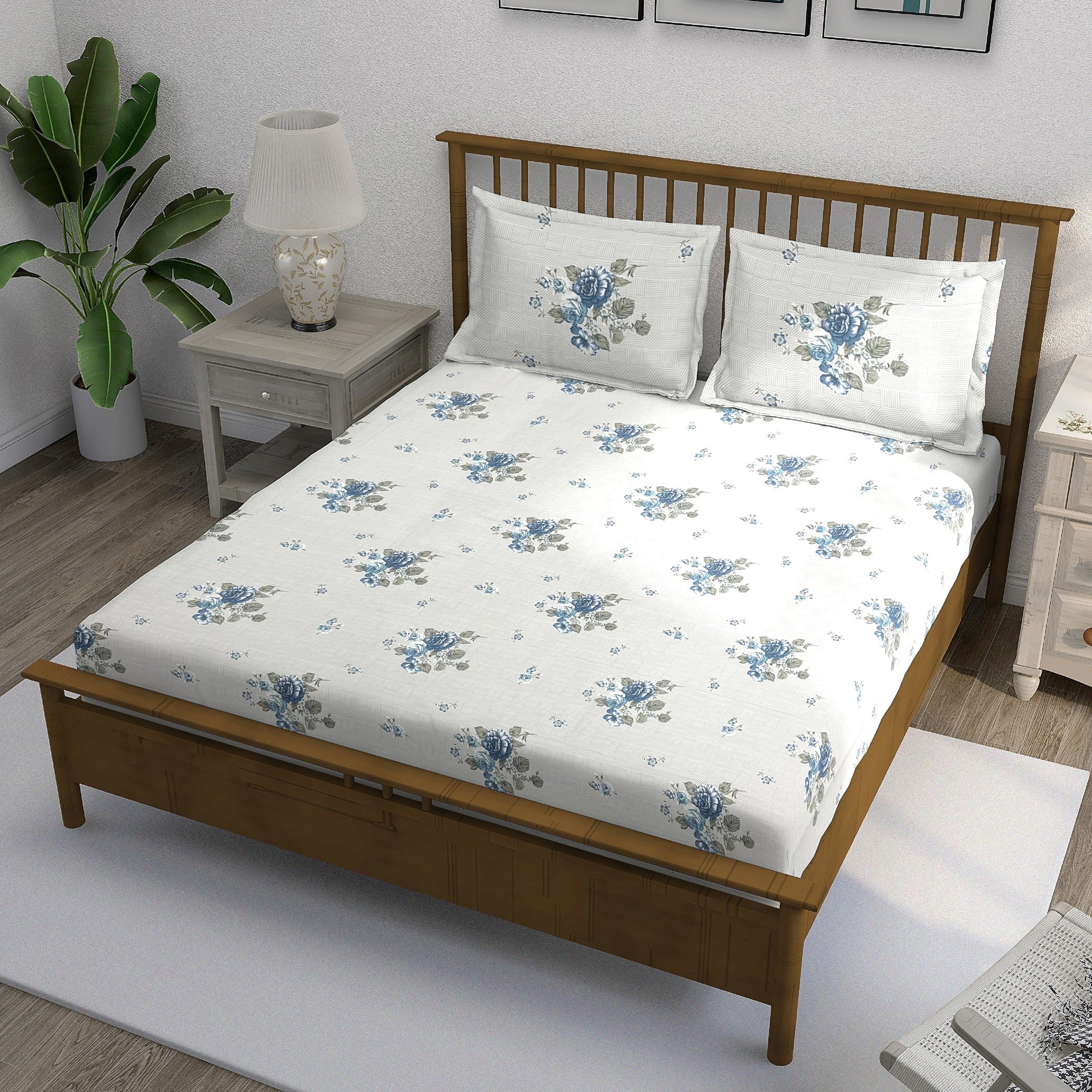 Blue Flora - 210TC Pure Cotton Double King (90x108 Inches)