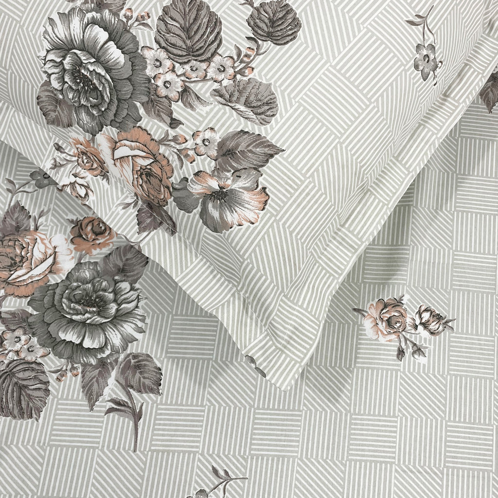 Grey Flora - 210TC Pure Cotton Single Fitted Bedsheet (36 x 78 x 10 Inches)