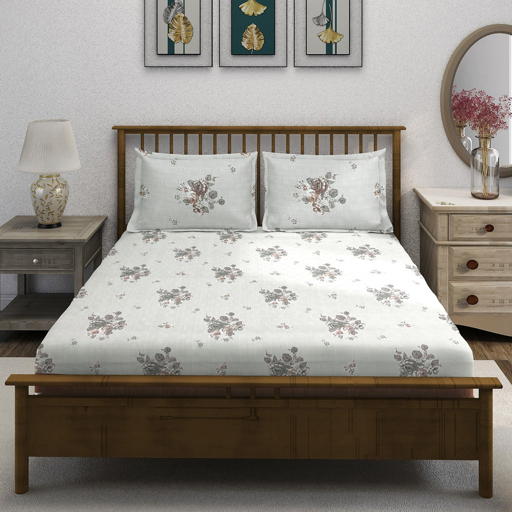 Grey Flora - 210TC Pure Cotton Single Fitted Bedsheet (36 x 78 x 10 Inches)