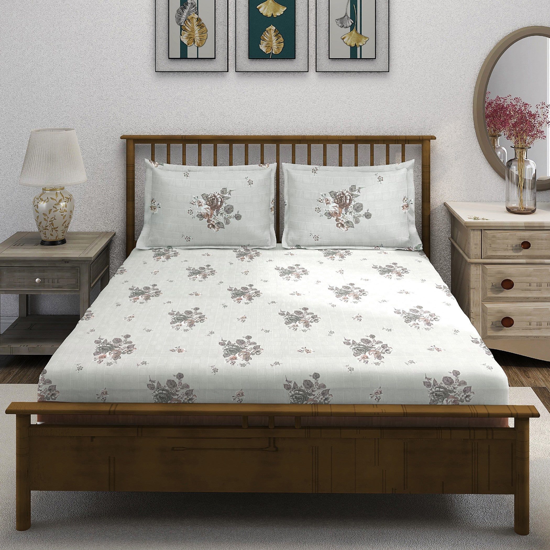 Grey Flora - 210TC Pure Cotton Single Fitted Bedsheet (36 x 78 x 10 Inches)