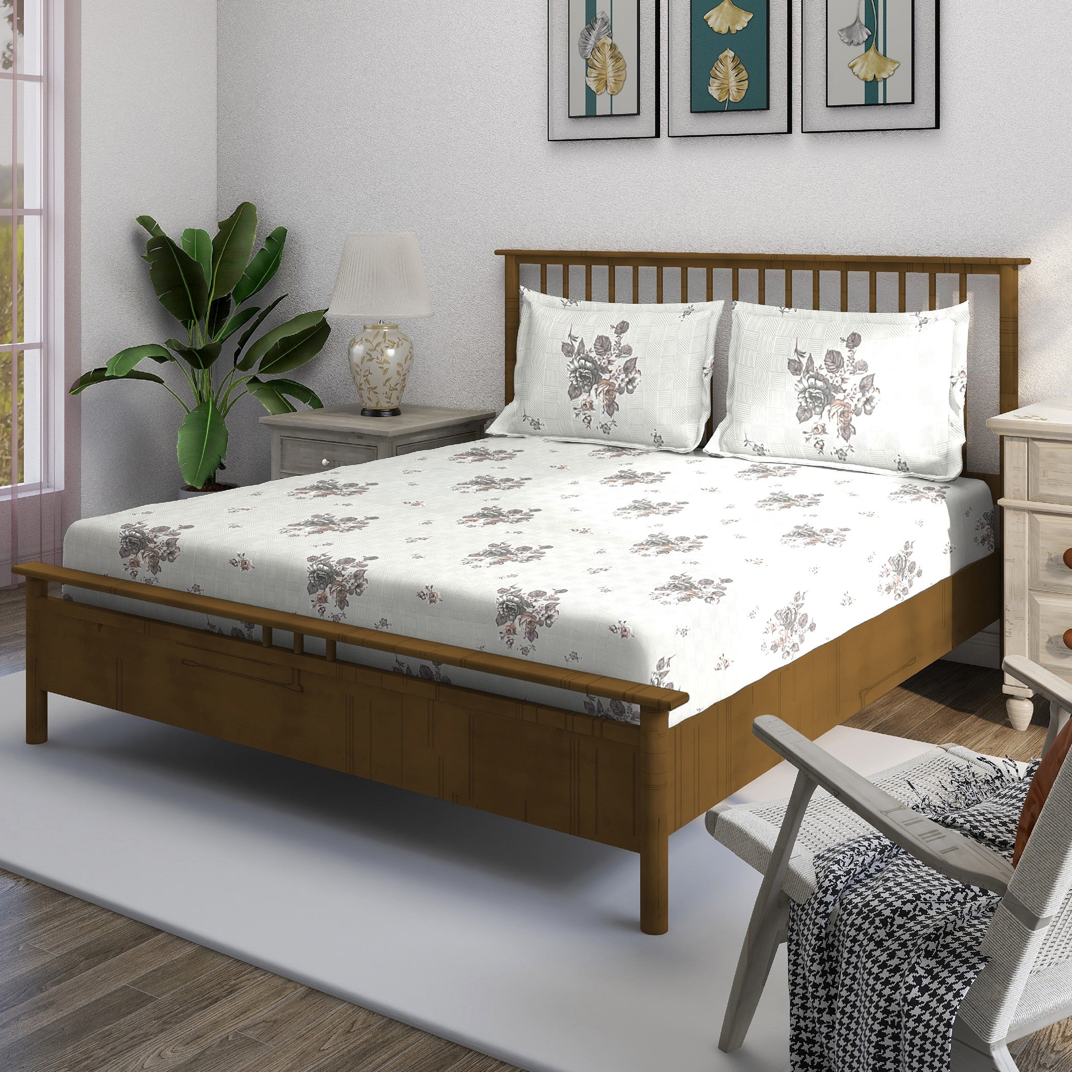 Grey Flora - 210TC Pure Cotton Single Fitted Bedsheet (36 x 78 x 10 Inches)