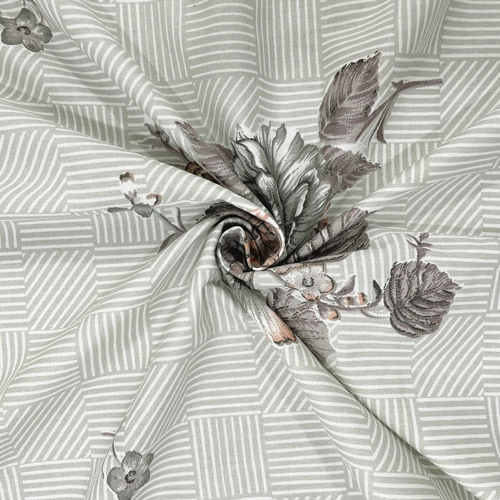 Grey Flora - 210TC Pure Cotton Single Fitted Bedsheet (36 x 78 x 10 Inches)
