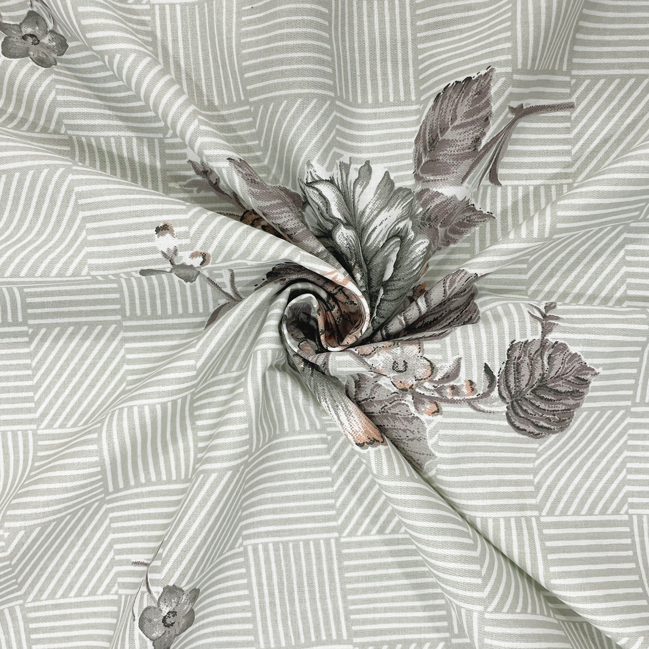 Grey Flora - 210TC Pure Cotton Single Fitted Bedsheet (36 x 78 x 10 Inches)