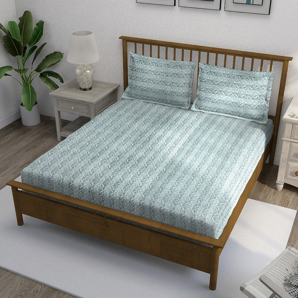 Heather Fern - 210TC Blue Cotton Single Fitted Bedsheet (36 x 78 x 10 Inches)