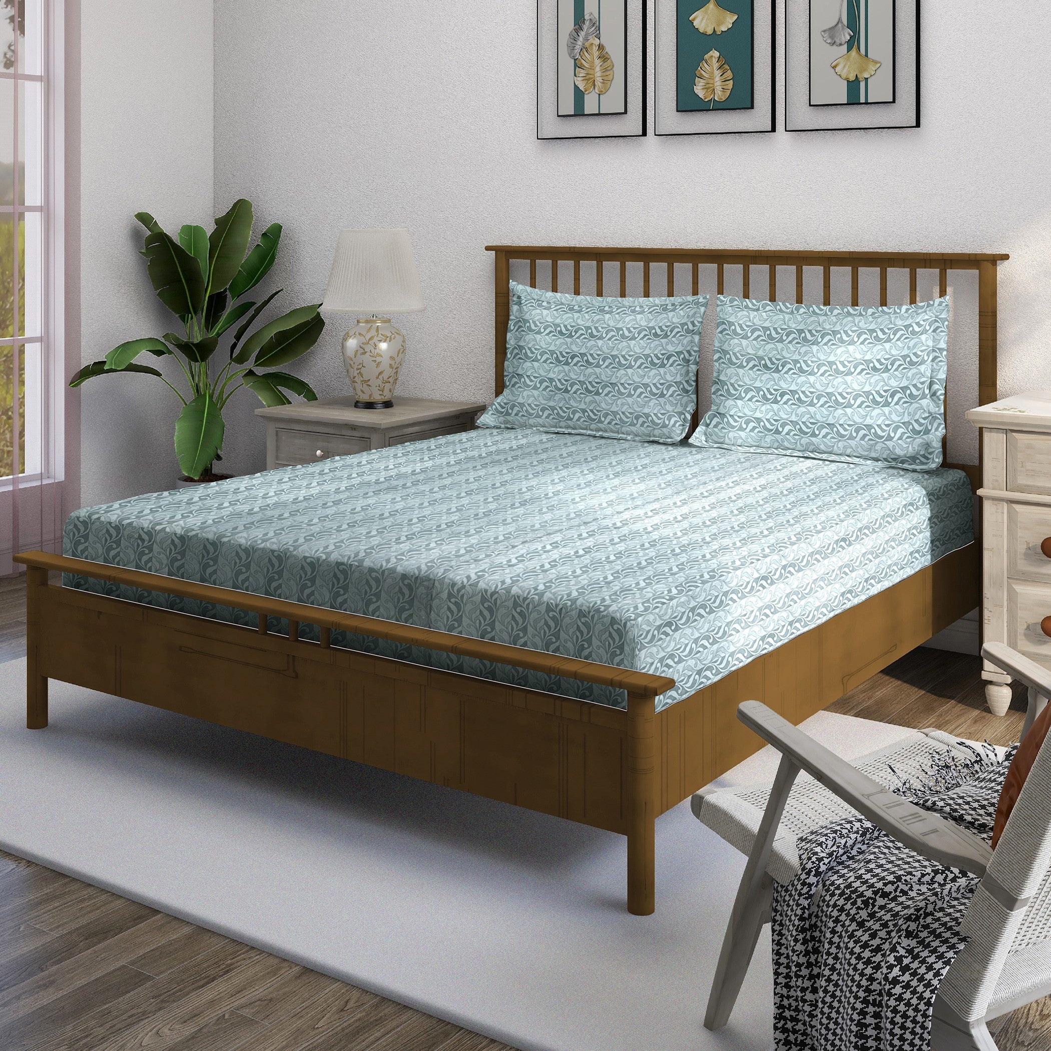 Heather Fern - 210TC Blue Cotton Single Fitted Bedsheet (36 x 78 x 10 Inches)
