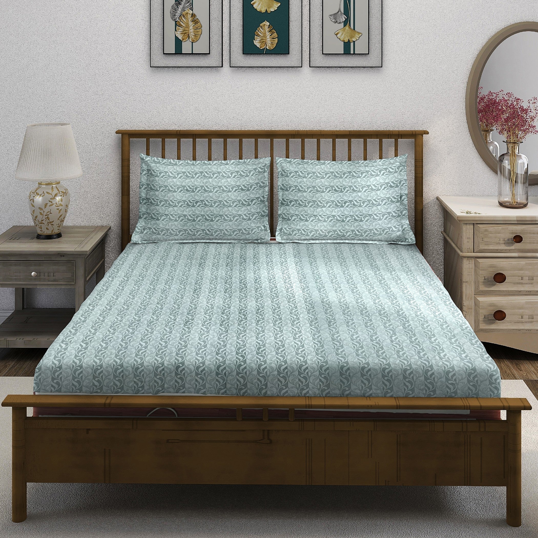 Heather Fern - 210TC Blue Cotton Single Fitted Bedsheet (36 x 78 x 10 Inches)