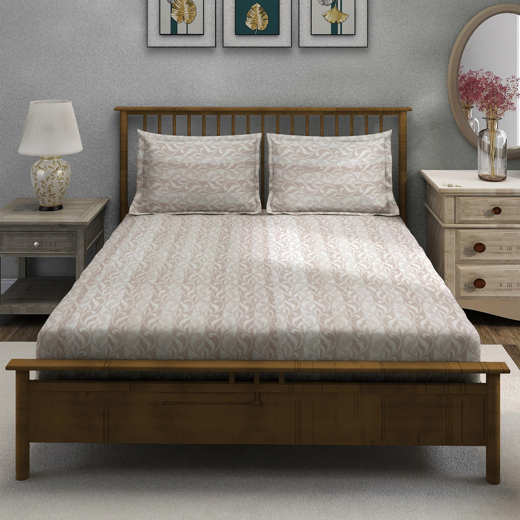 Peach Fern - 210TC Pure Cotton Queen Fitted Bedsheet (60x73x10 Inches)