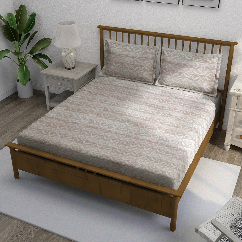 Peach Fern - 210TC Pure Cotton Queen Fitted Bedsheet (60x73x10 Inches)