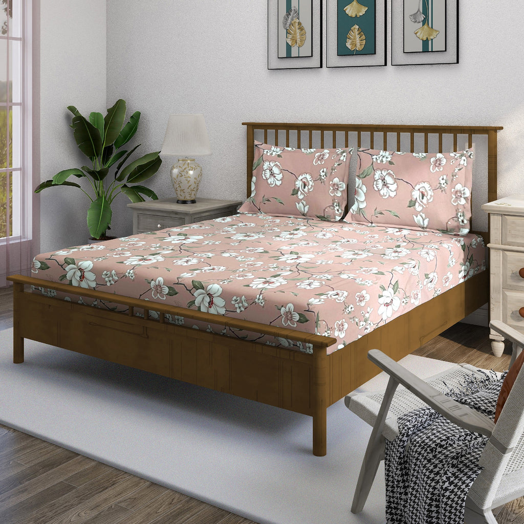 Elegant Blush Pink Floral Pure Cotton 210 TC Double King Bedsheet with 2 Pillow Covers (90x108 Inches)