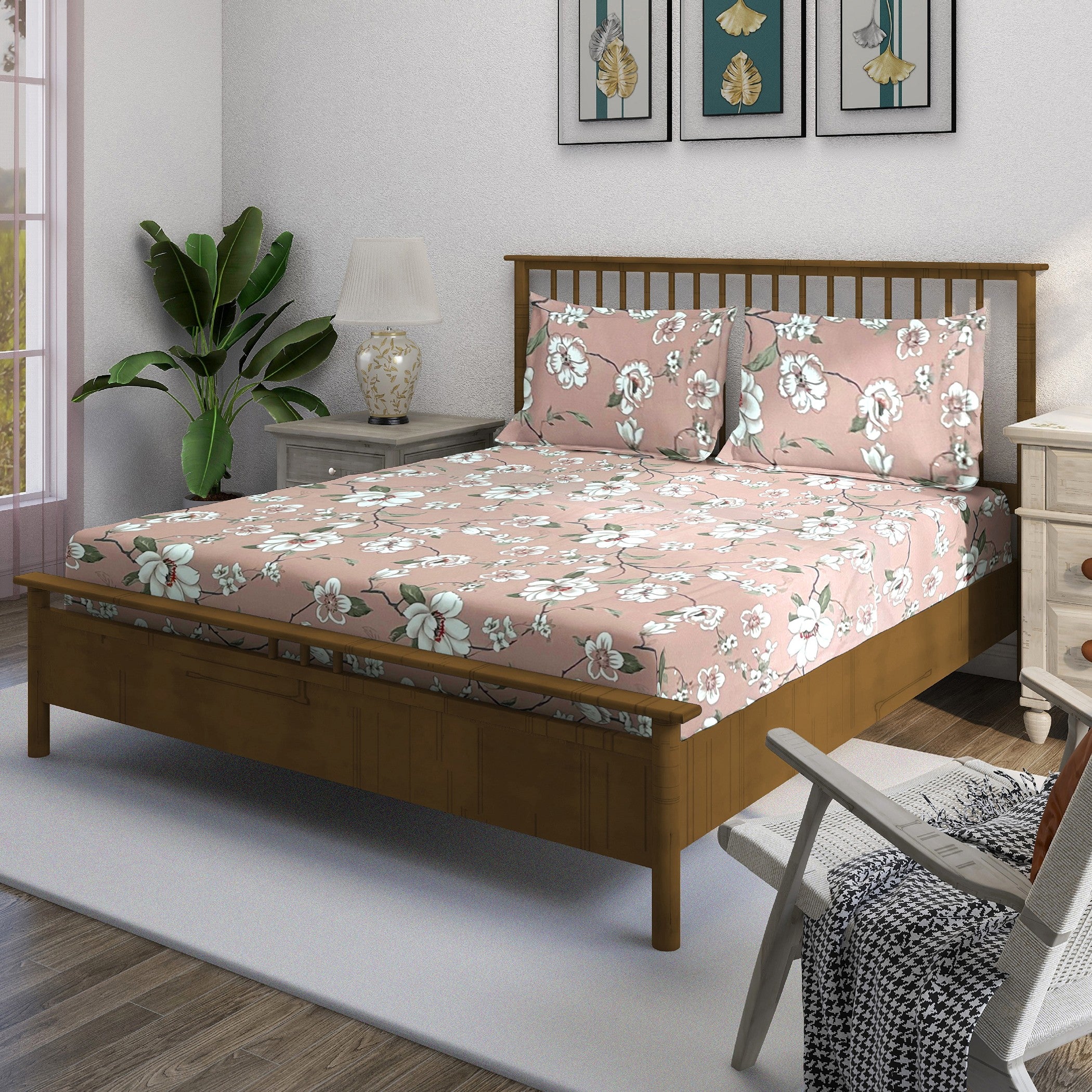 Elegant Blush Pink Floral Pure Cotton 210 TC Double King Bedsheet with 2 Pillow Covers (90x108 Inches)