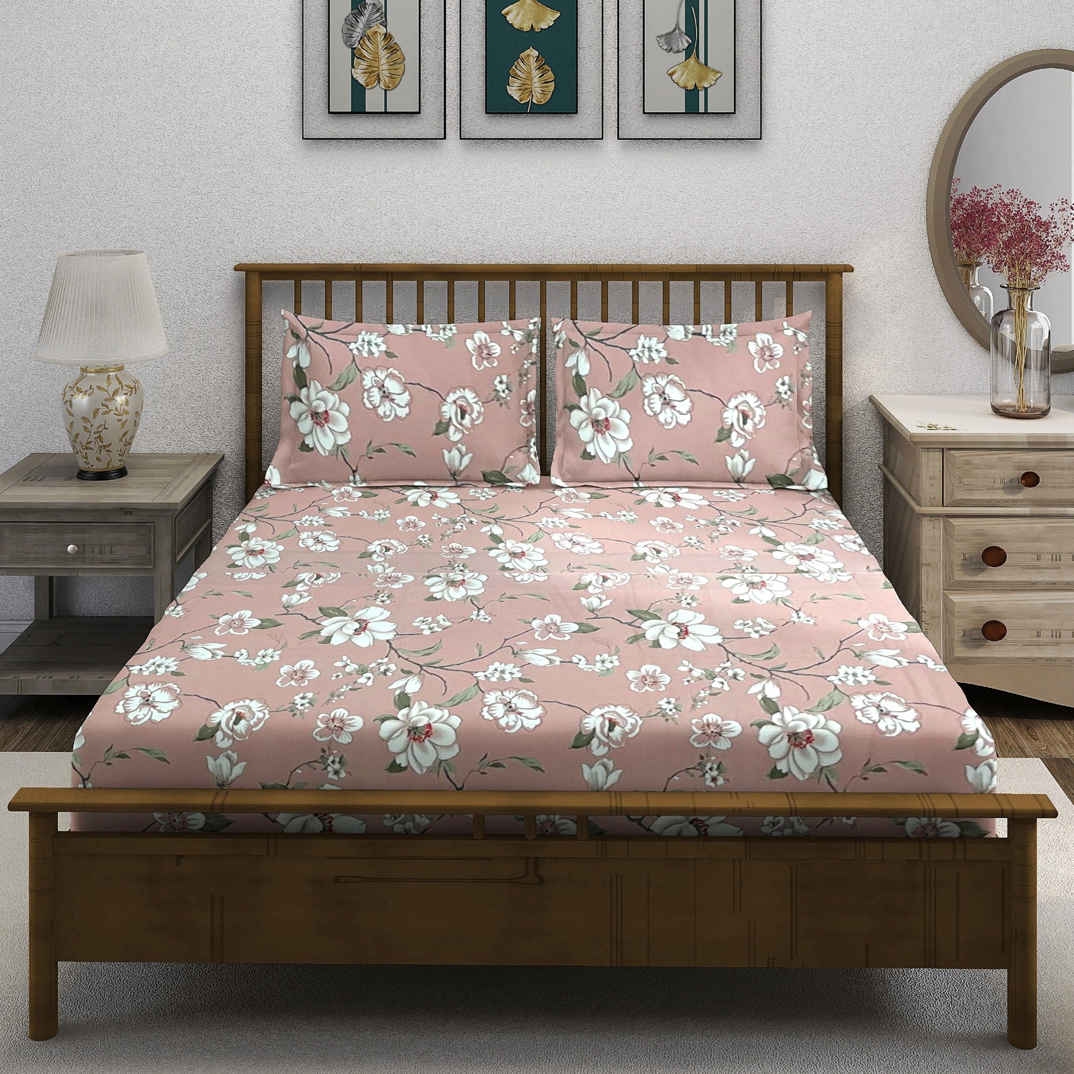 Elegant Blush Pink Floral Pure Cotton 210 TC Double King Bedsheet with 2 Pillow Covers (90x108 Inches)