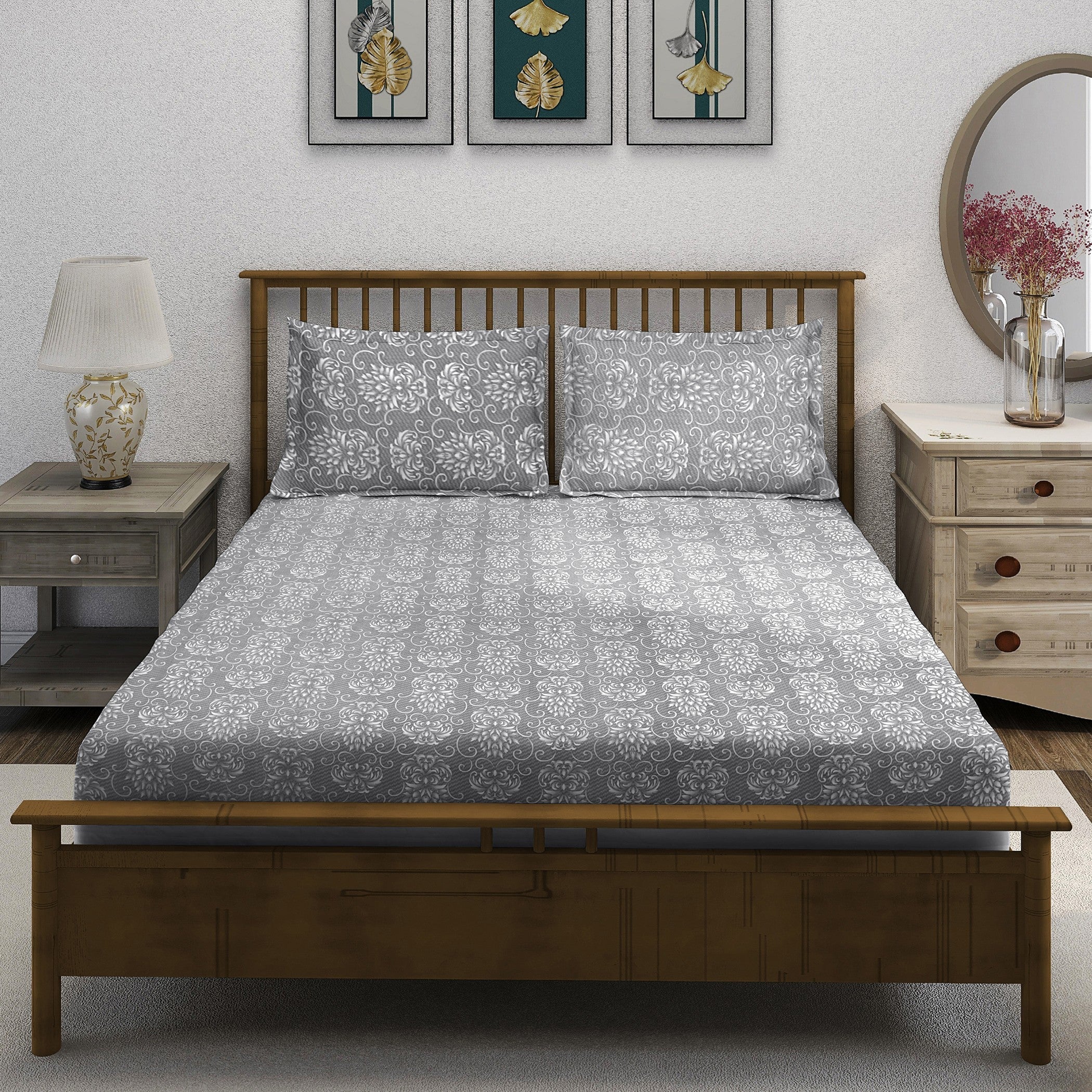 Double Bed in a Bag - Pure Cotton - Grey Floral Damask Elegance