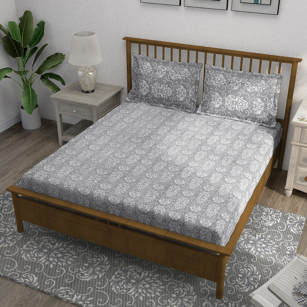 Double Bed in a Bag - Pure Cotton - Grey Floral Damask Elegance