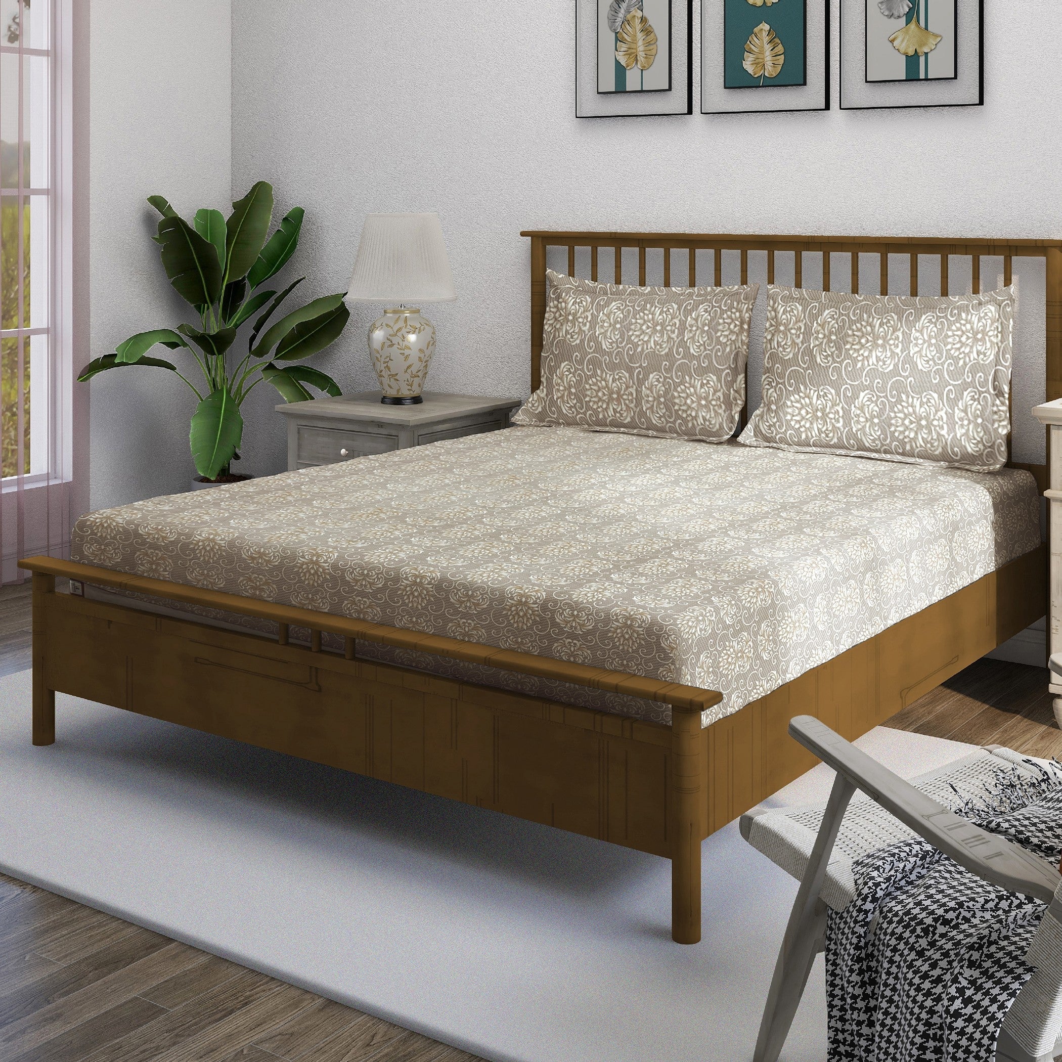 Double Bed in a Bag - Pure Cotton - Beige Floral Damask Elegance