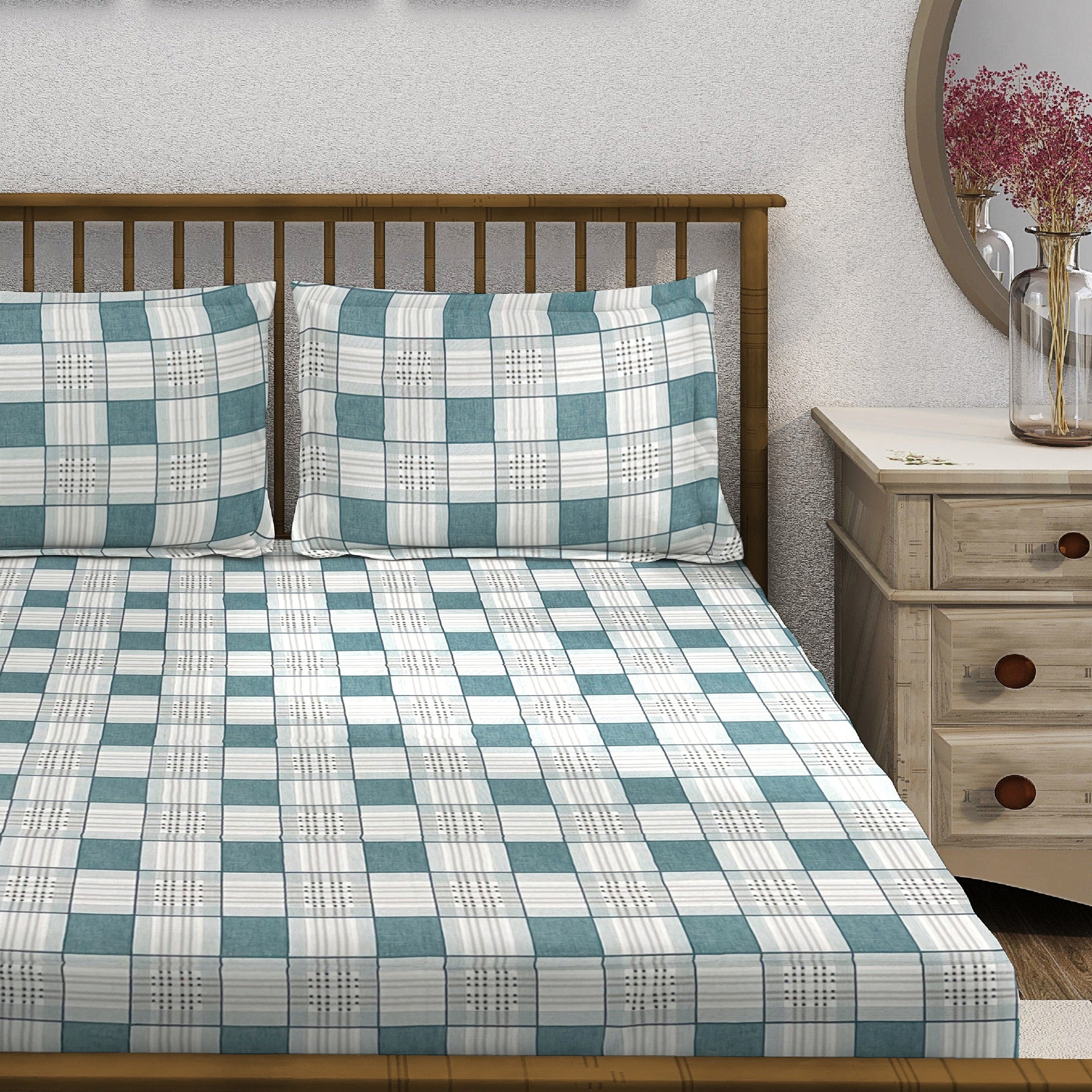 Teal Grid - 210TC Pure Cotton Double King (90x108 Inches)