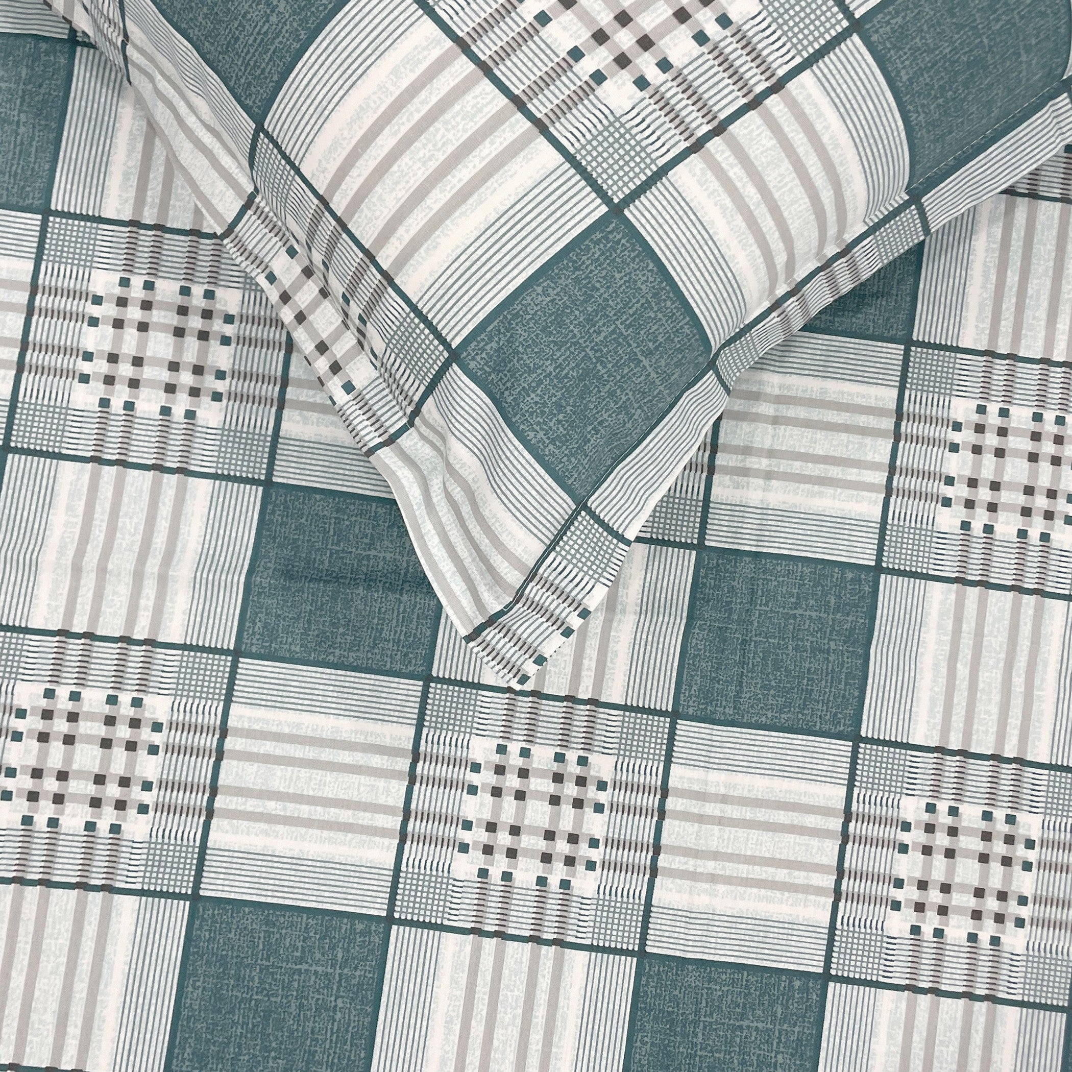 Teal Grid - 210TC Pure Cotton Single Fitted Bedsheet (36 x 78 x 10 Inches)
