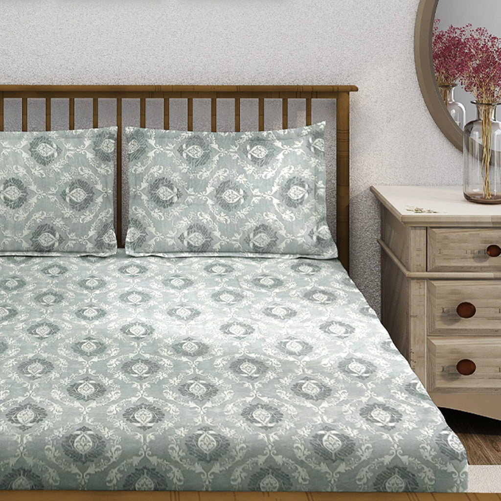 Elegant Sage Green Motif Pure Cotton 210 TC Double King Bedsheet with 2 Pillow Covers (90x108 Inches)