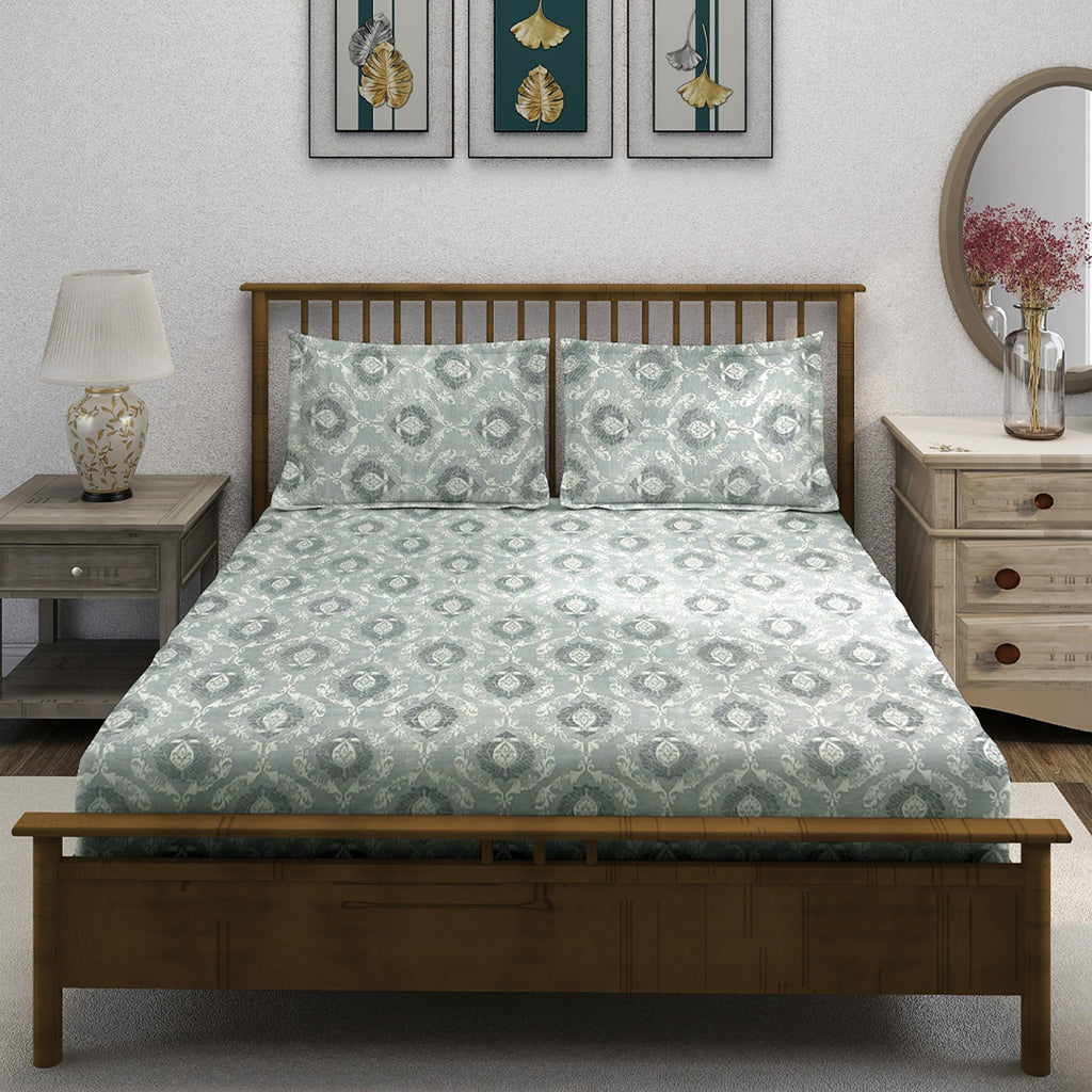 Elegant Sage Green Motif Pure Cotton 210 TC Double King Bedsheet with 2 Pillow Covers (90x108 Inches)