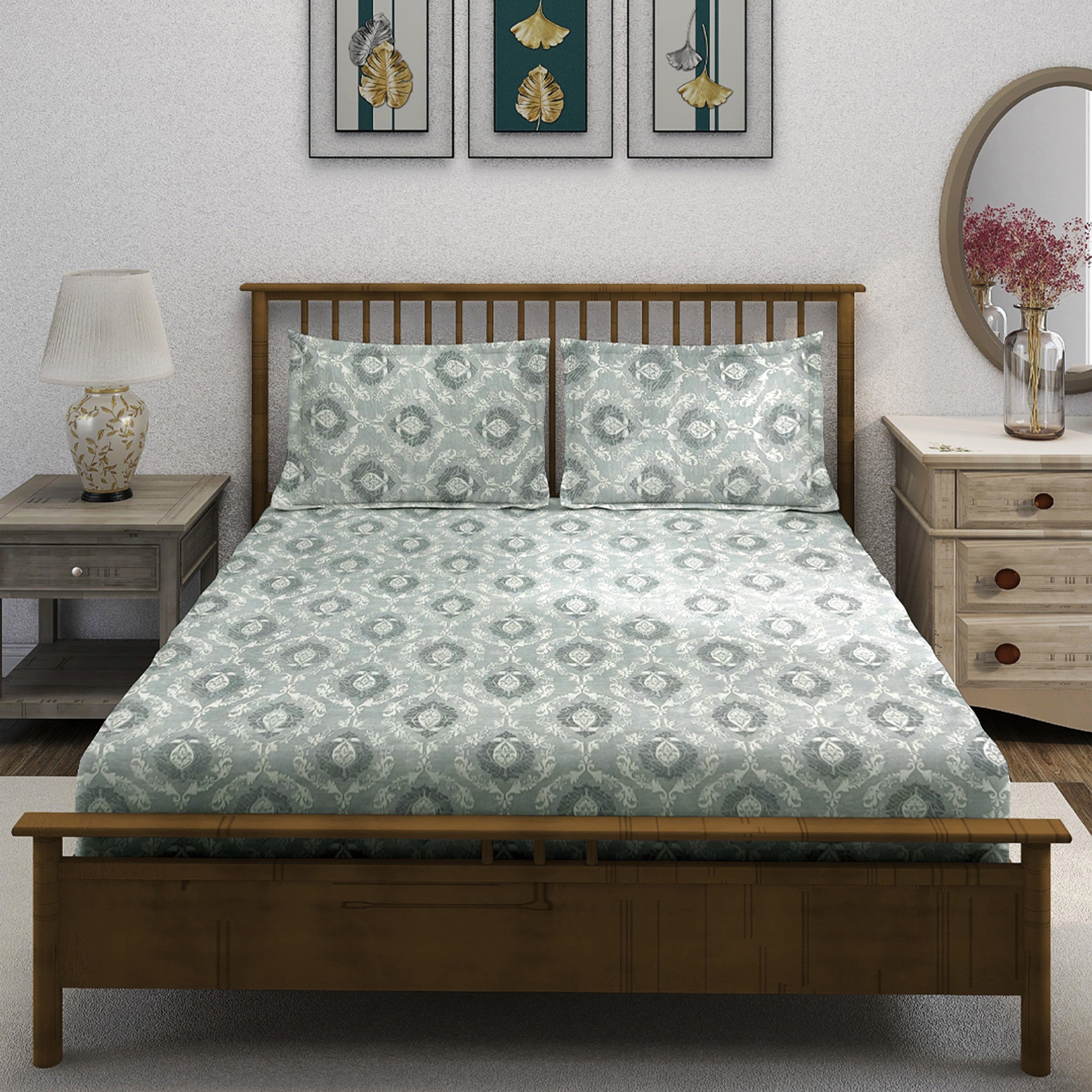 Elegant Sage Green Motif Pure Cotton 210 TC Double King Bedsheet with 2 Pillow Covers (90x108 Inches)