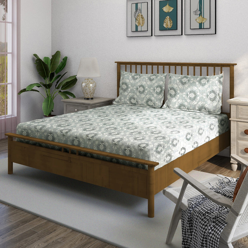 Elegant Sage Green Motif Pure Cotton 210 TC Double King Bedsheet with 2 Pillow Covers (90x108 Inches)