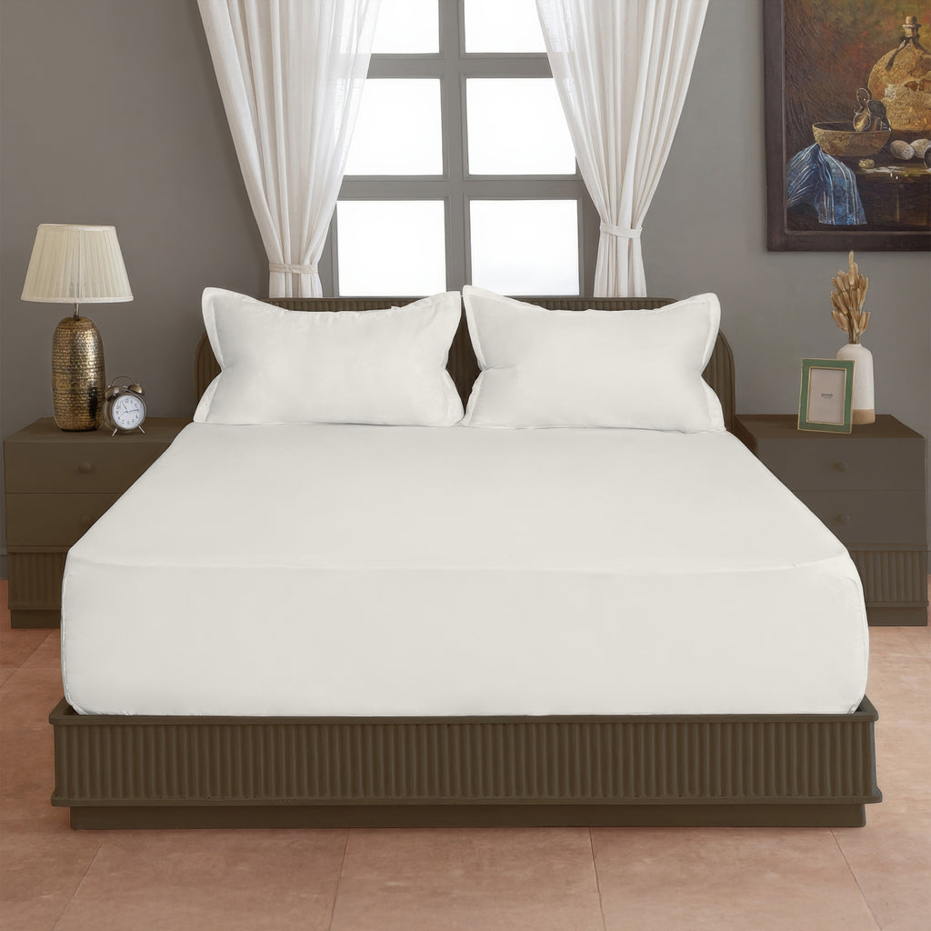 Solid White Double Queen 500 TC bedsheet with 2 Pillow covers_90 × 100 Inches