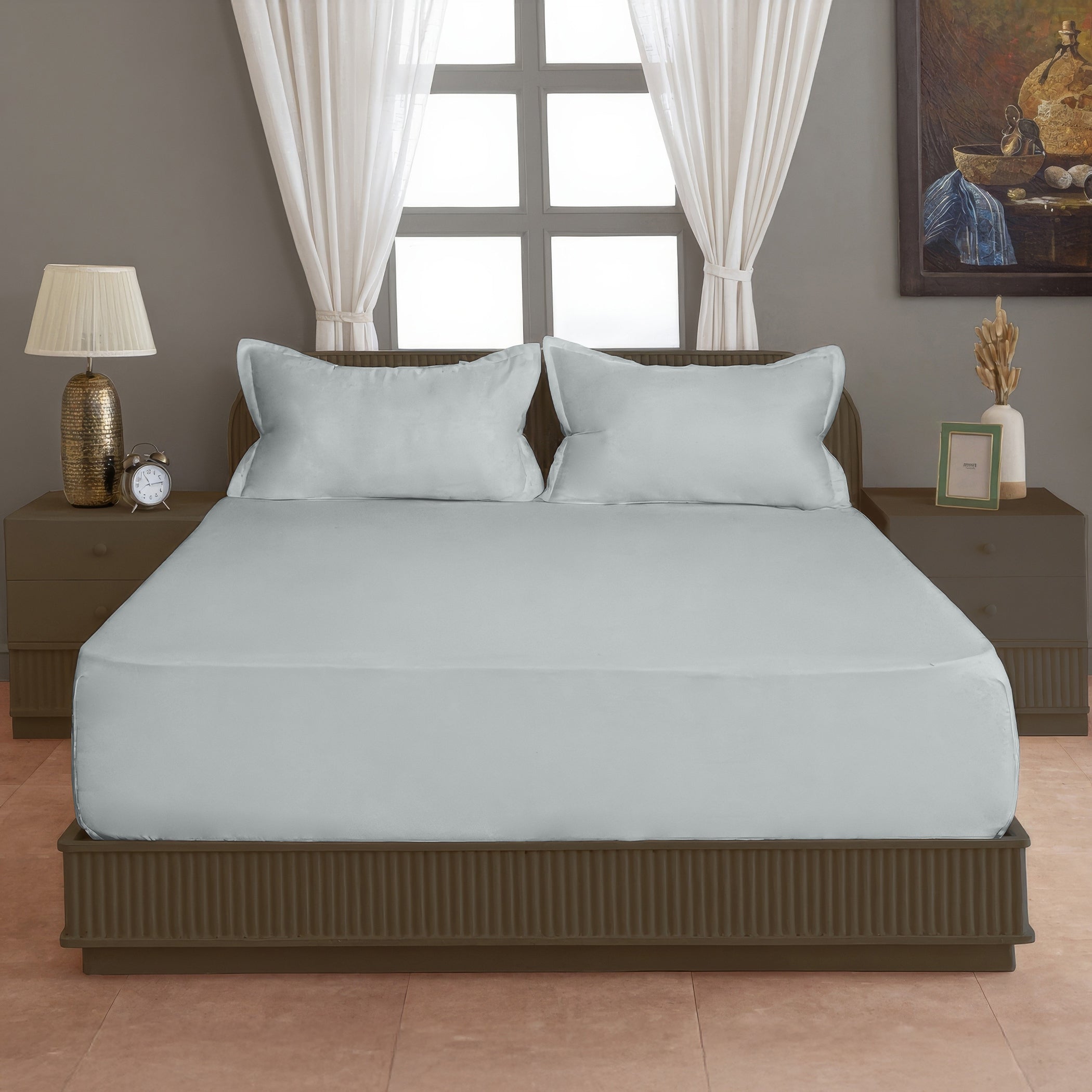 Solid Grey Double Queen 500 TC bedsheet with 2 Pillow covers_90 × 100 Inches