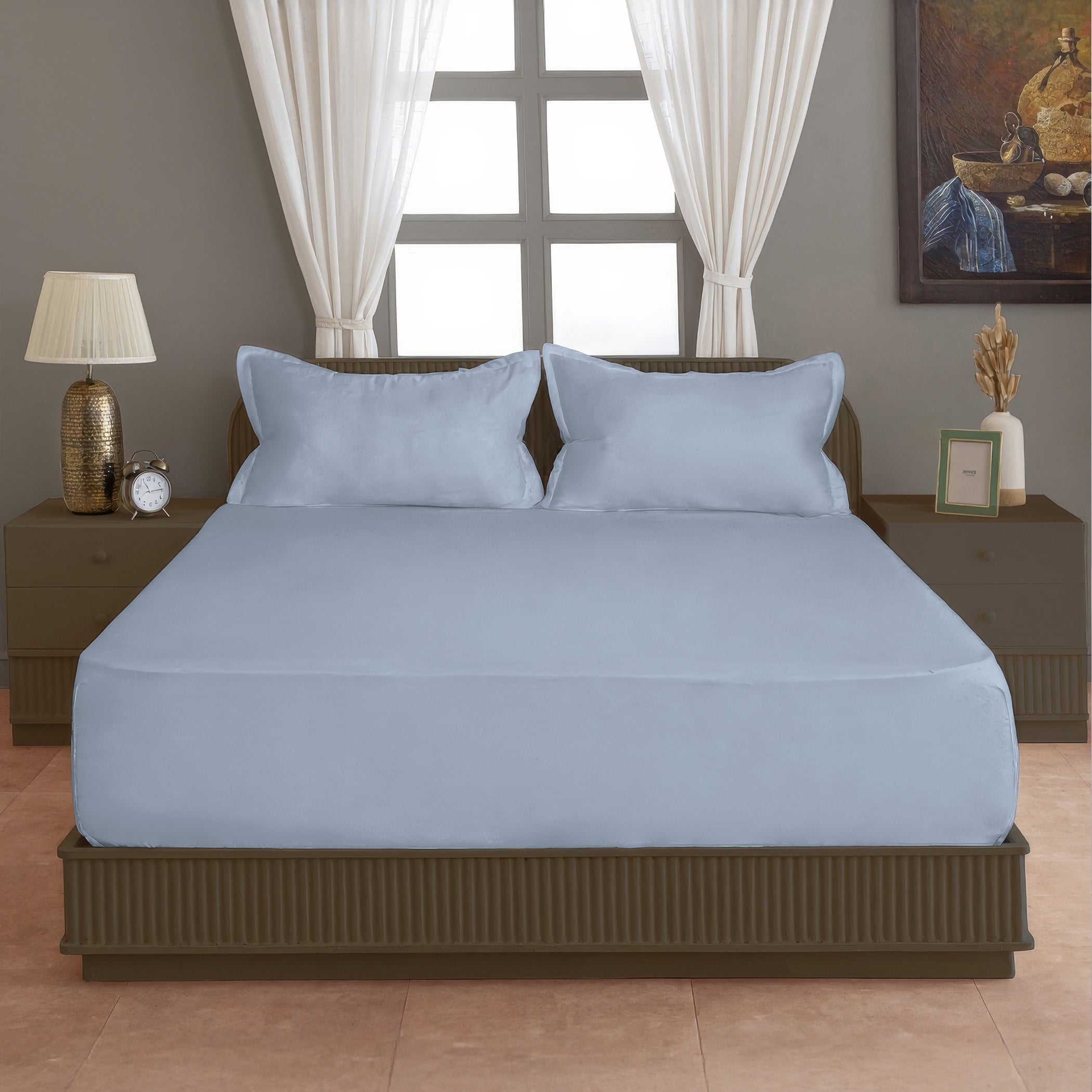 Solid Sky Double Queen 500 TC bedsheet with 2 Pillow covers_90 × 100 Inches