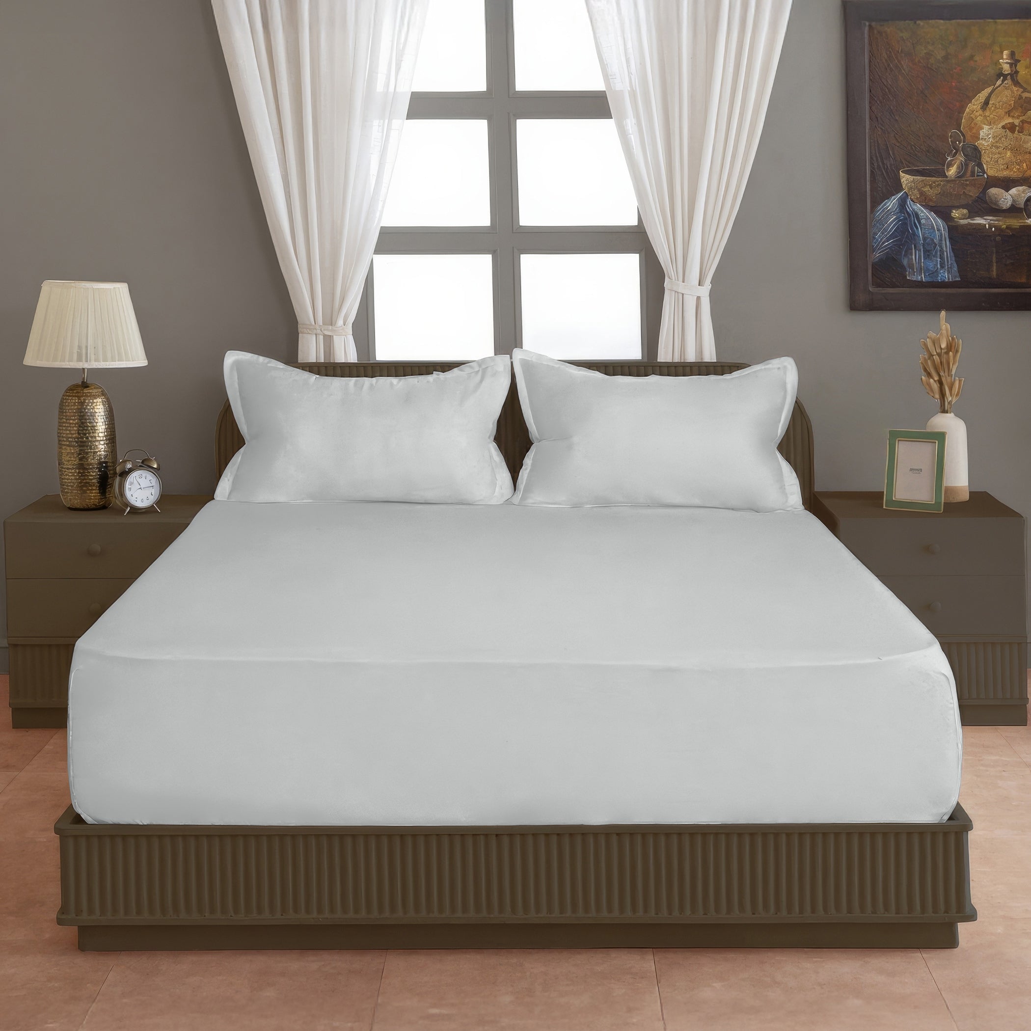 Solid White Double Queen 500 TC bedsheet with 2 Pillow covers_90 × 100 Inches