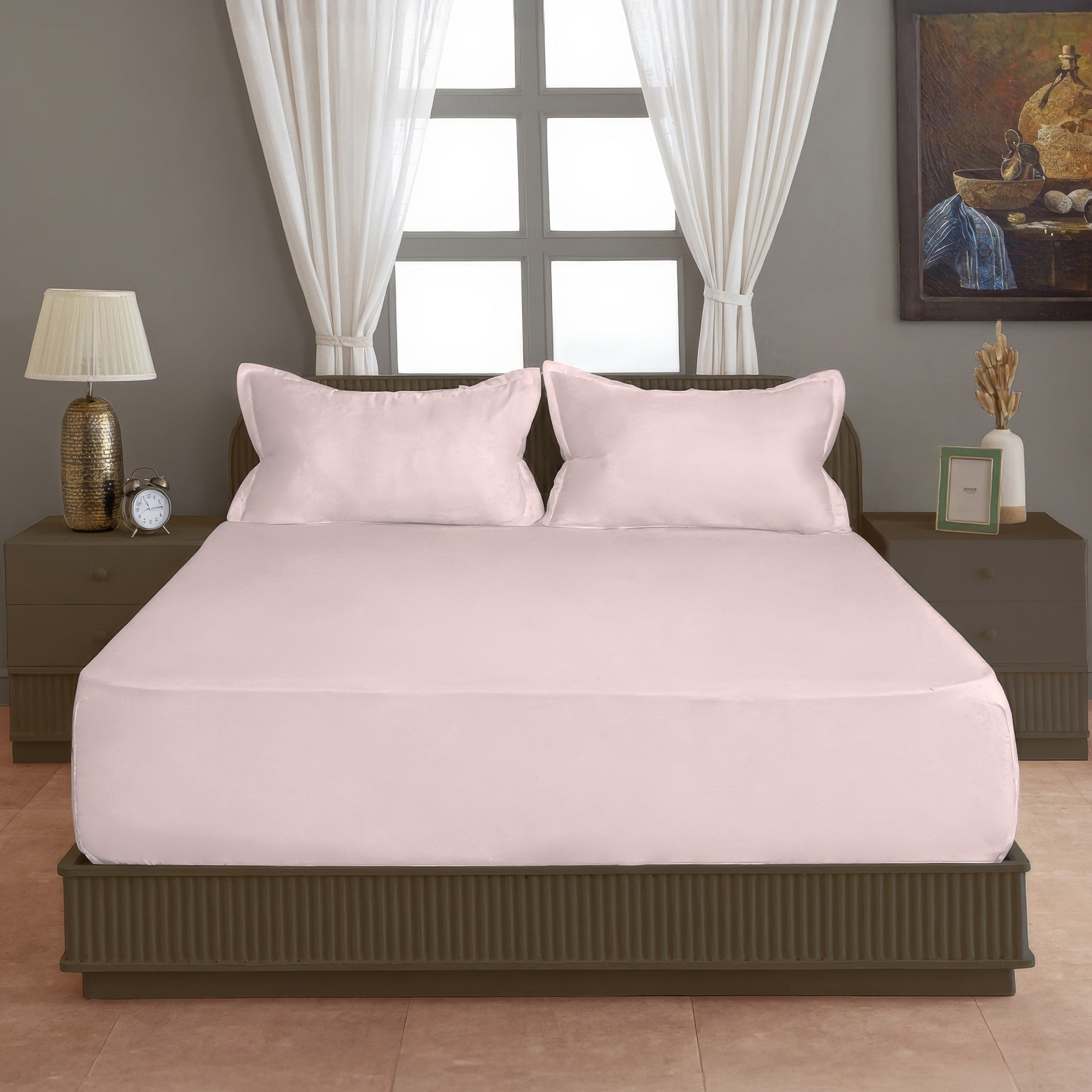 Solid Pink Double Queen 500 TC bedsheet with 2 Pillow covers_90 × 100 Inches