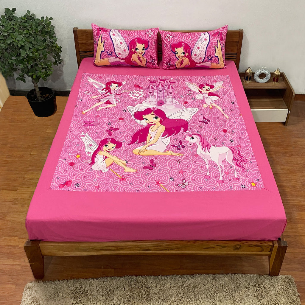 Kids Double Bedsheet – Fairy Princess & Unicorn Theme (Pink) with 2 Pillow Covers