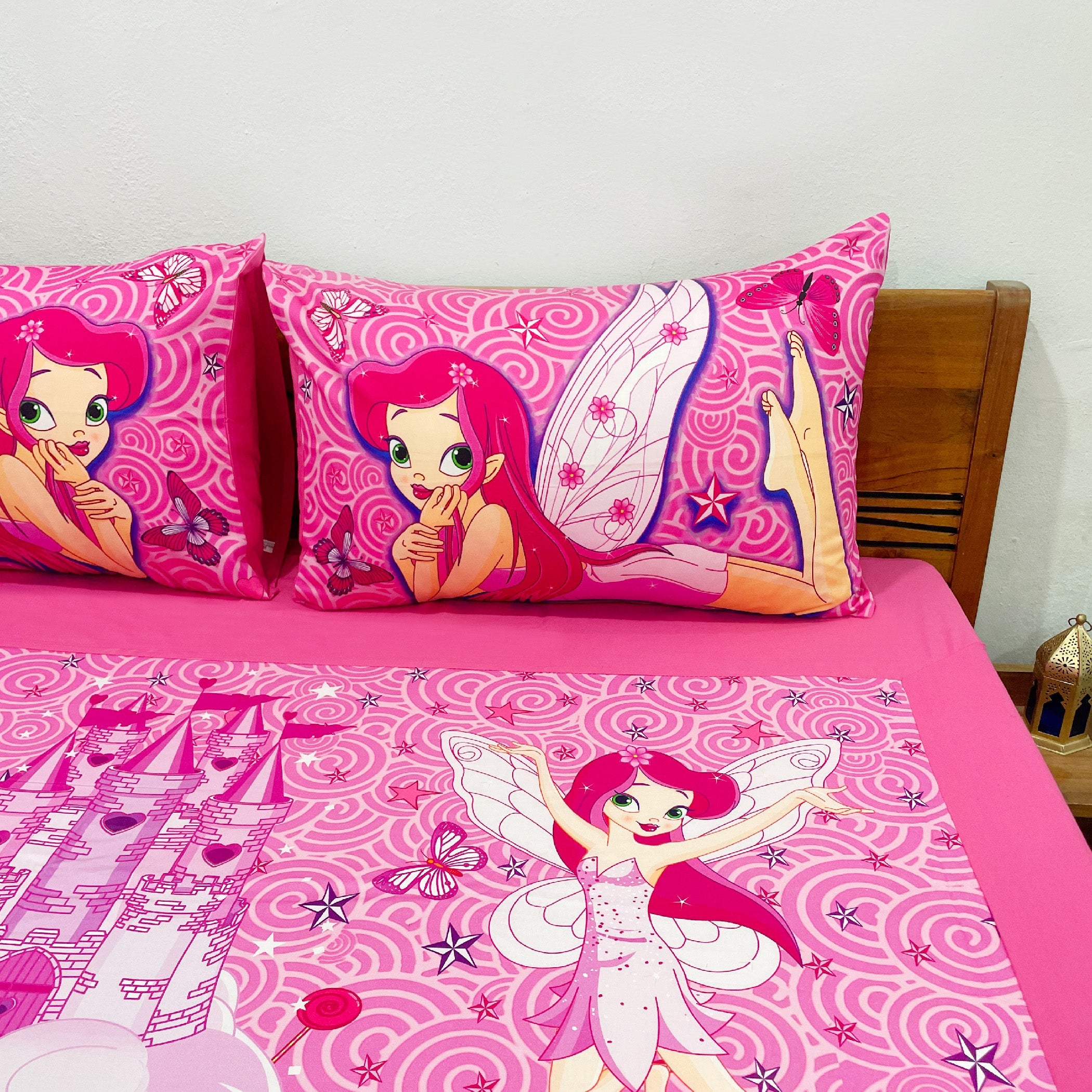 Kids Double Bedsheet – Fairy Princess & Unicorn Theme (Pink) with 2 Pillow Covers