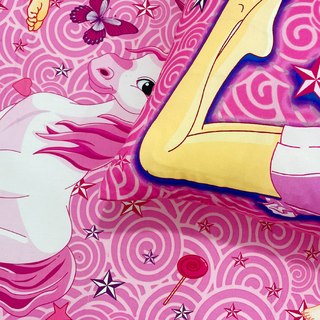 Kids Double Bedsheet – Fairy Princess & Unicorn Theme (Pink) with 2 Pillow Covers