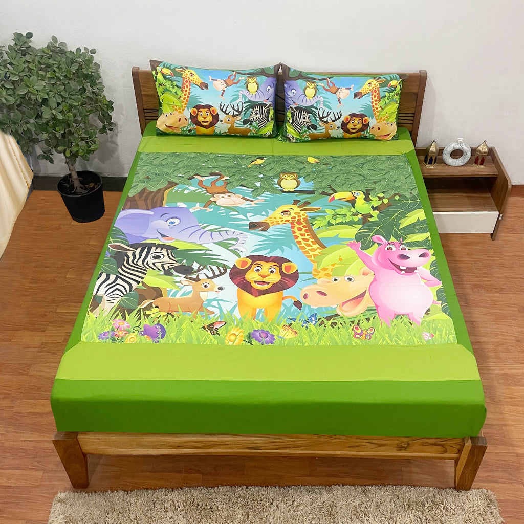 Kids Double Bedsheet – Jungle Safari Animals Theme Green Color with 2 Pillow Covers