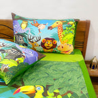 Kids Double Bedsheet – Jungle Safari Animals Theme Green Color with 2 Pillow Covers