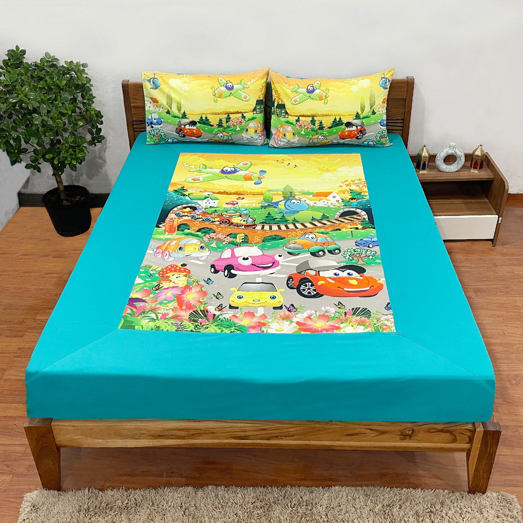 Kids Double Bedsheet – Cartoon Cars & Airplane Adventure Theme Aqua Blue Color with 2 Pillow Covers