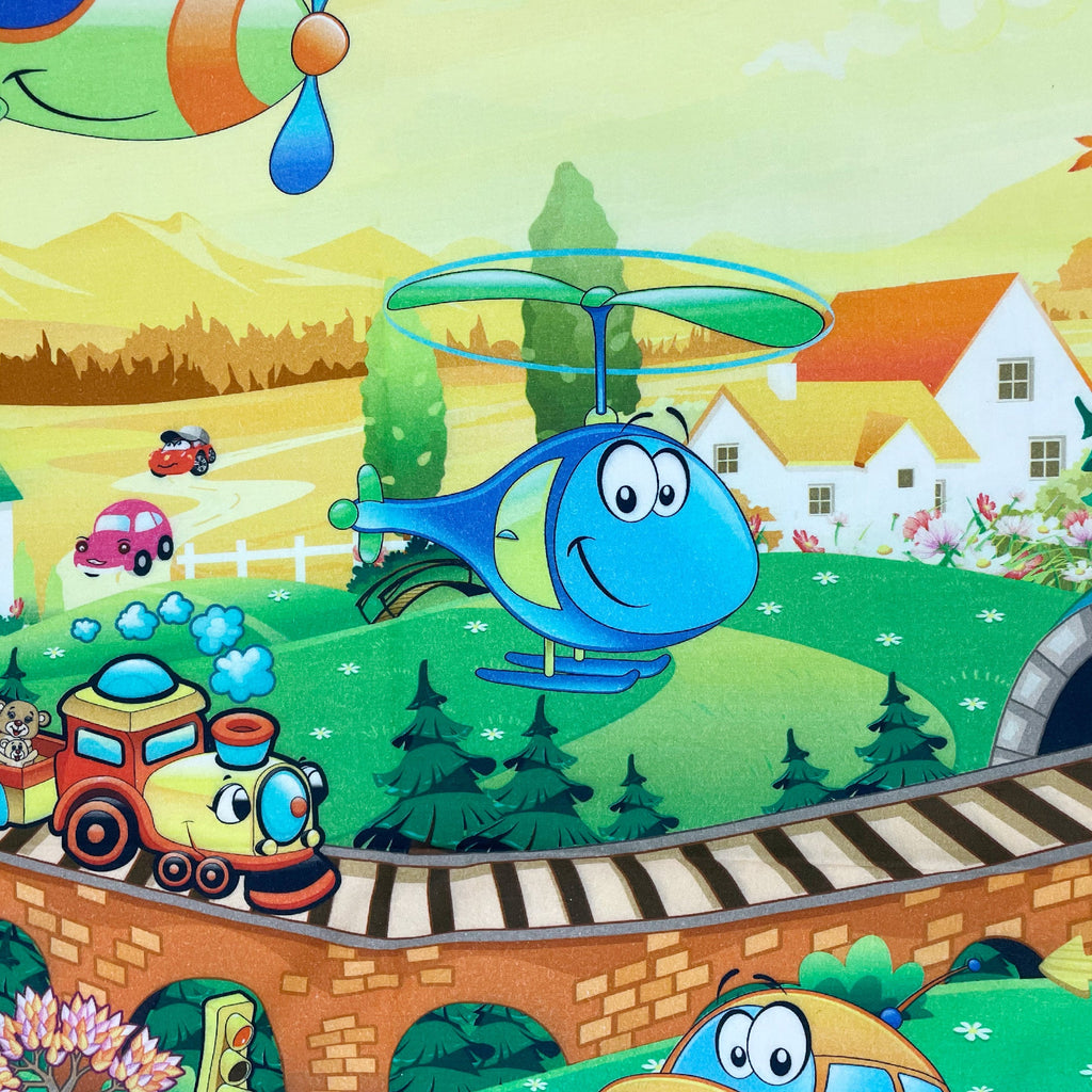 Kids Double Bedsheet – Cartoon Cars & Airplane Adventure Theme Aqua Blue Color with 2 Pillow Covers