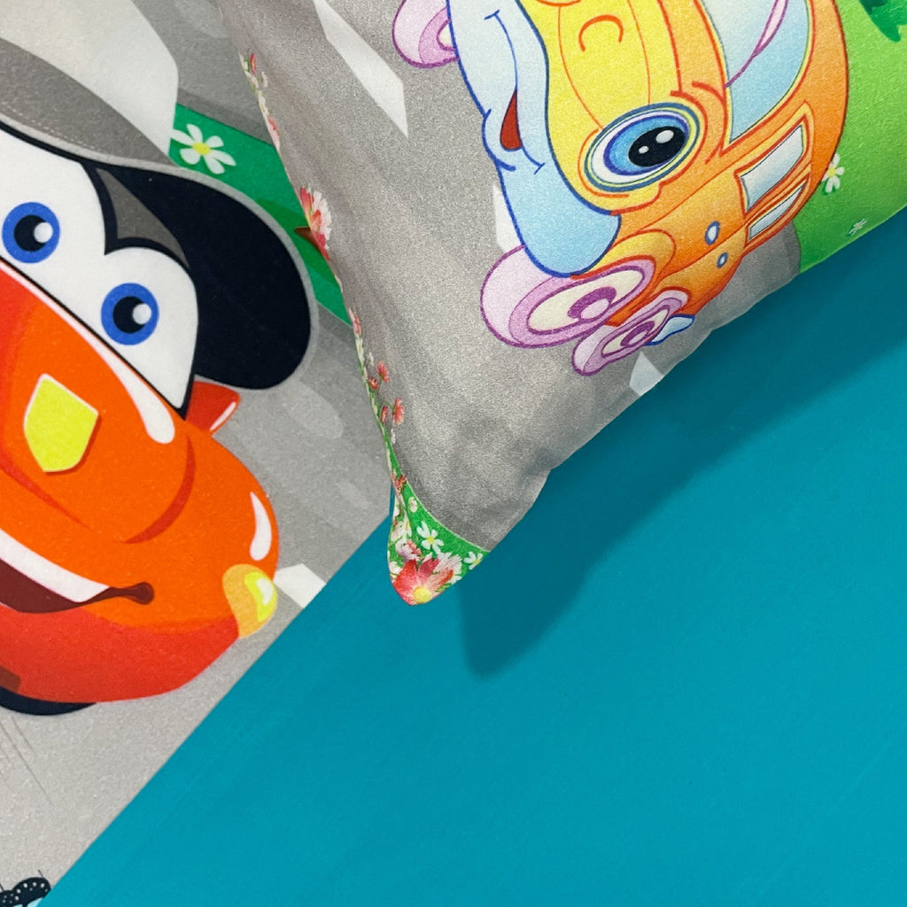 Kids Double Bedsheet – Cartoon Cars & Airplane Adventure Theme Aqua Blue Color with 2 Pillow Covers
