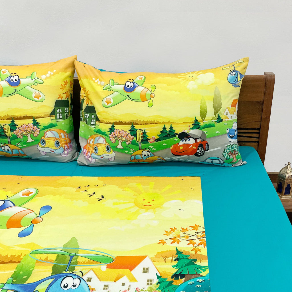 Kids Double Bedsheet – Cartoon Cars & Airplane Adventure Theme Aqua Blue Color with 2 Pillow Covers