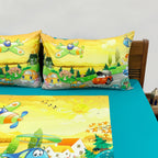 Kids Double Bedsheet – Cartoon Cars & Airplane Adventure Theme Aqua Blue Color with 2 Pillow Covers